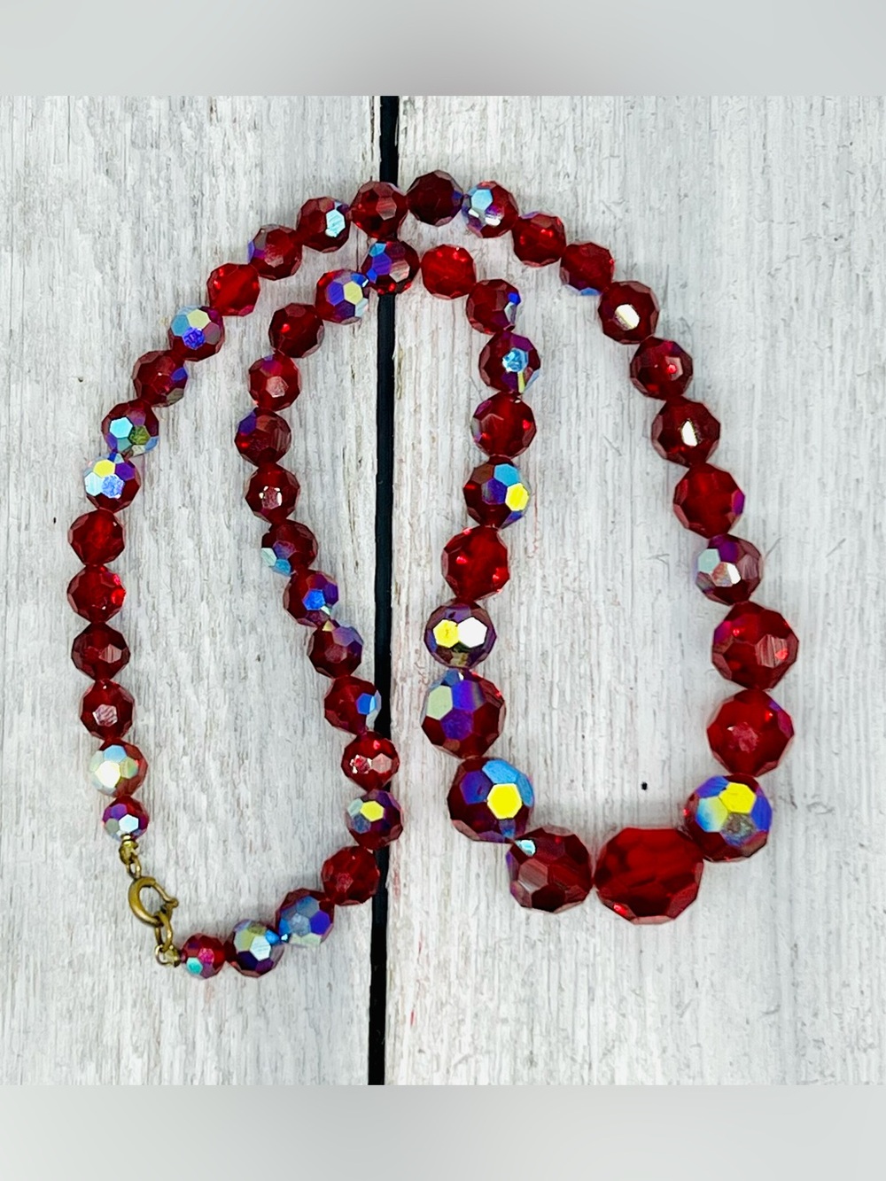 390. Vintage Circa 1950s Faceted Red Aurora Borealis Graded Necklace - 19”